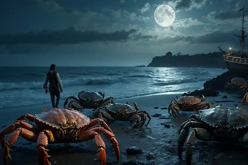 Nachtszene mit Mann am Atlantik der von riesigen Krabben verfolgt wird.