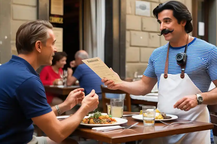 Szene in einer italienischen Trattoria, der Maestro erklärt einem deutschen Touristen die Speisekarte.