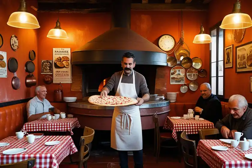 Szene in einer neapolitanischen alten Pizzeria mit drei alten Herren als Gäste. Pizzabäcker zeigt große Pizza.