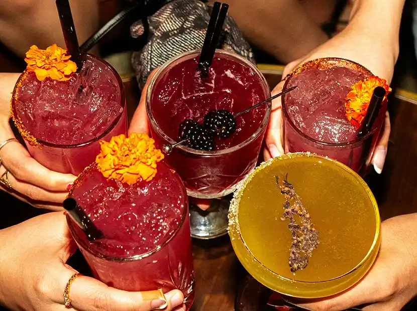 Gruppe von fünf Menschen halten Ihre Hand mit Glas in die Kamera, Gläser sind gefüllt mit Cocktails, Säften und Schorlen.