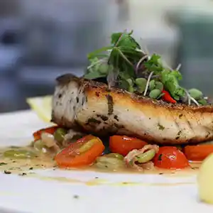 Teller mit Wolfsbarsch gegrillt auf mediterranem Tomaten.