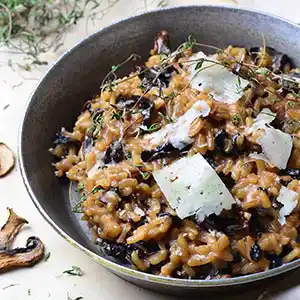 Teller mit Risotto, Waldpilzen und Parmesankäse.