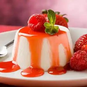 Teller mit Panna Cotta, Himbeer-Juice und Minzgarnitur.