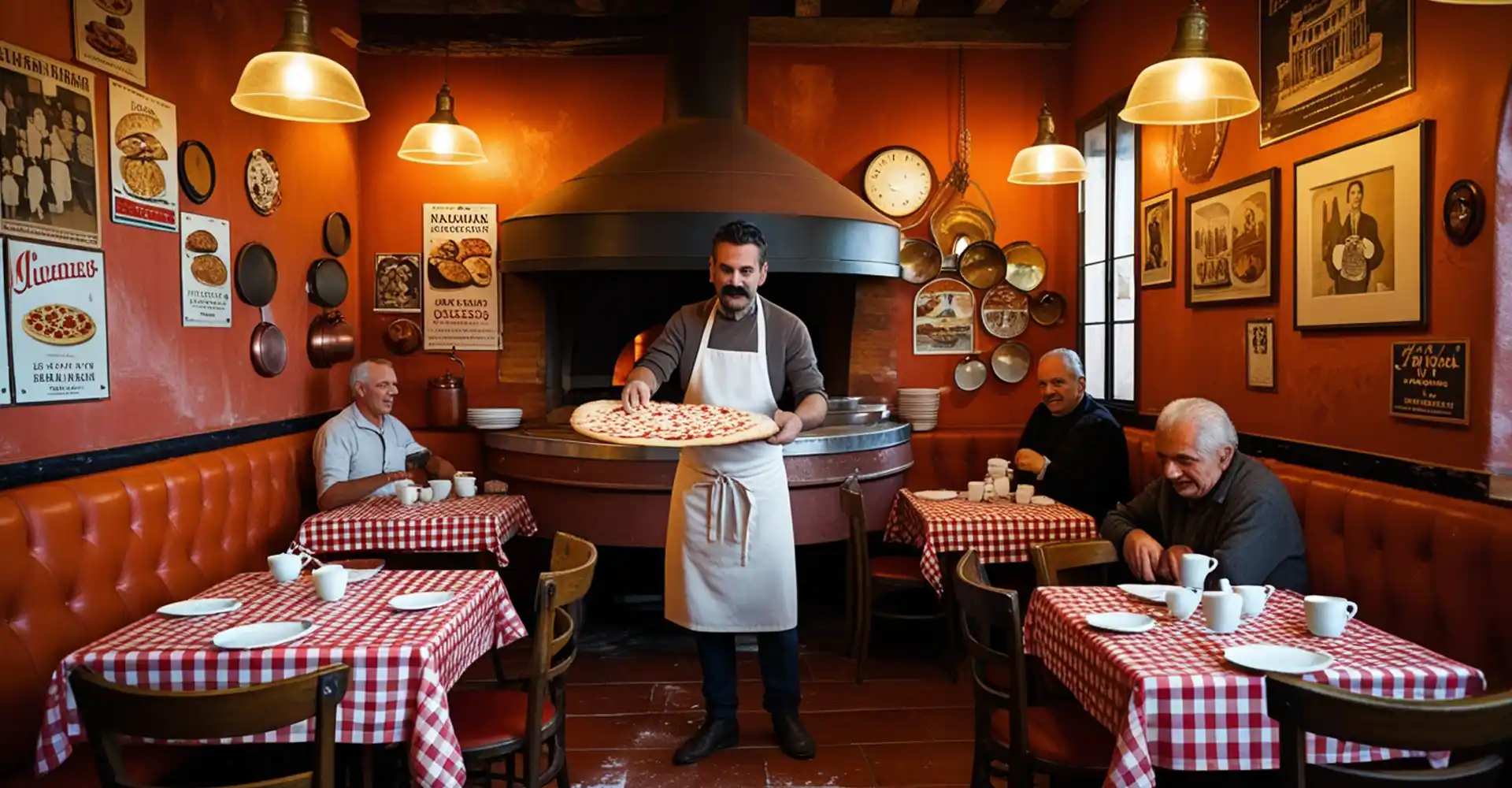 Szene in einer italienischen Trattoria, wo der Maestro di cucina einem deutschen Touristen die Speisekarte erklärt.