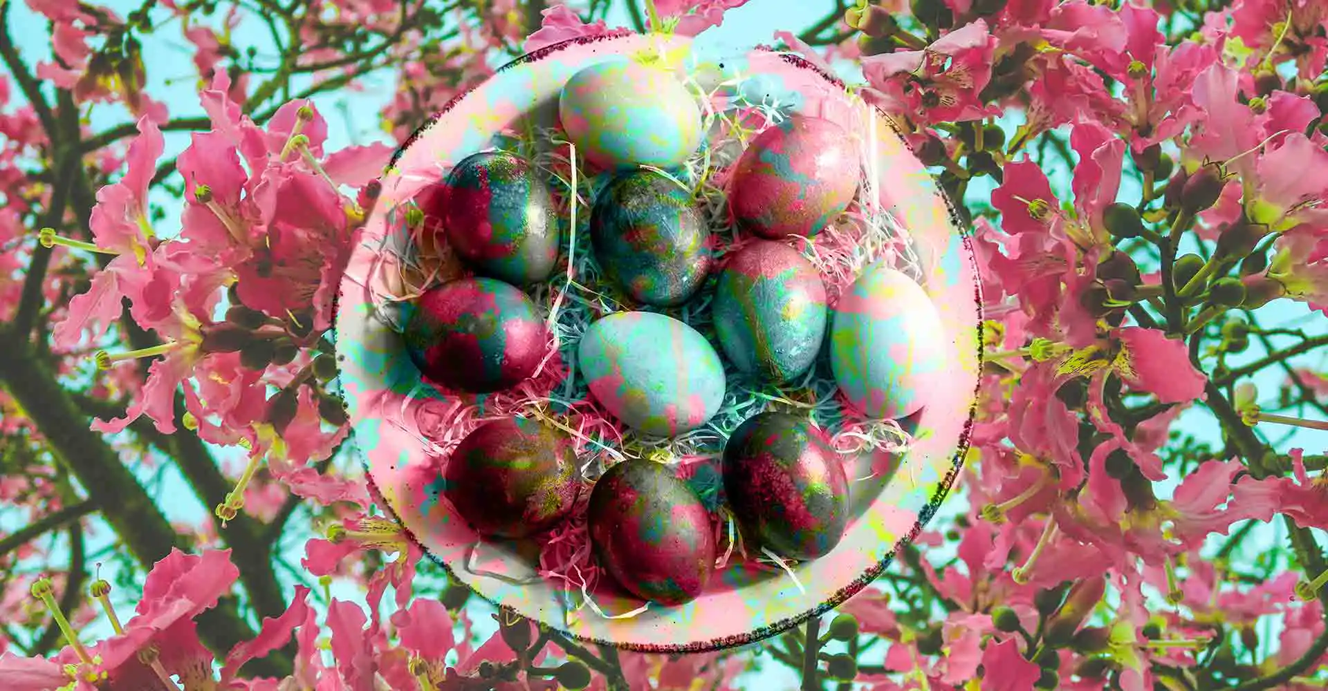 Bildkomposition mit Frühlingsblüten und einem Teller Ostereier.