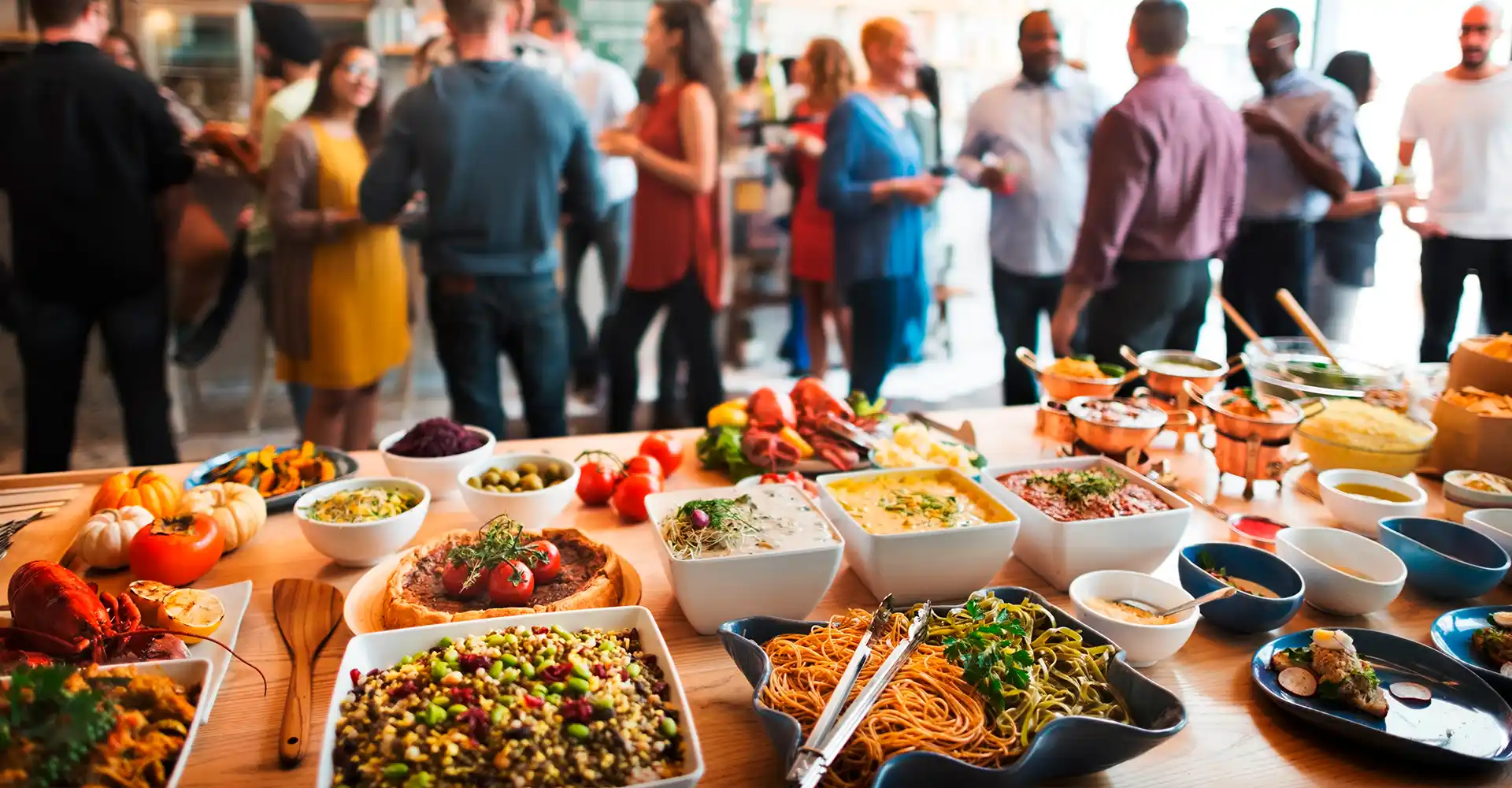 Szene mit Leuten und Essen bei einer Party.